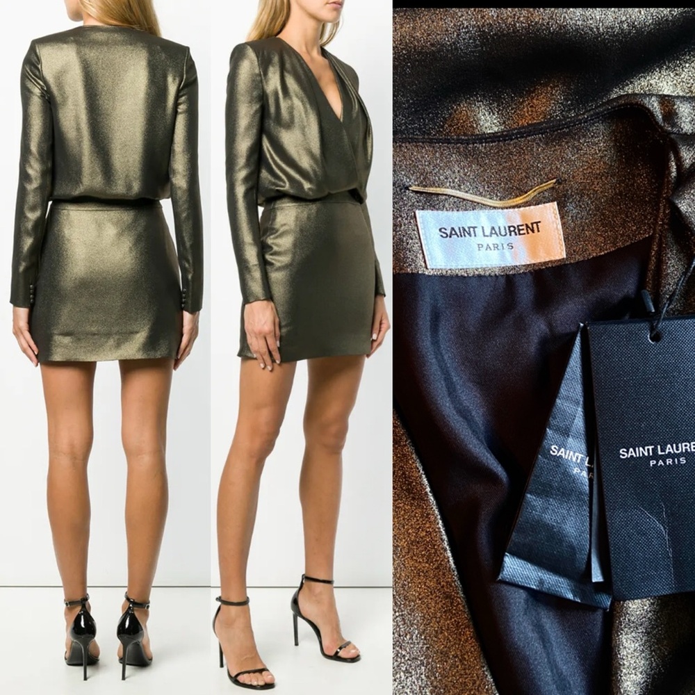 $2,890 Saint Laurent Metallic Silk Faux Wrap Mini Dress
